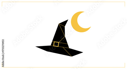 Minimalist black witch's hat with golden buckle under a crescent moon on a white background.
