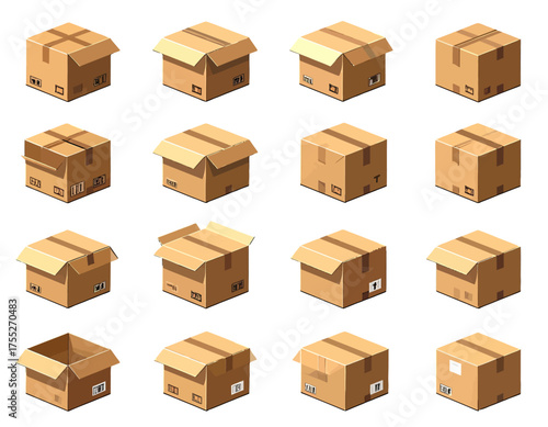 A grid of sixteen isometric cardboard boxes showcasing various states closed, partially opened, and fully open