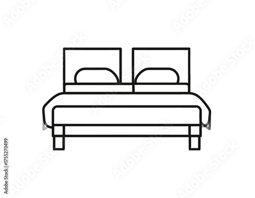 A simple line drawing of a bed with two pillows, a headboard, and blanket on a white background