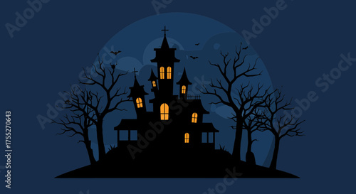 Spooky haunted house silhouette on a hill with glowing windows against a dark blue night sky and full moon, surrounded by bare trees and flying bats.