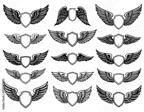 A collection of 12 stylized shields with wings, in monochrome, arranged in a grid pattern