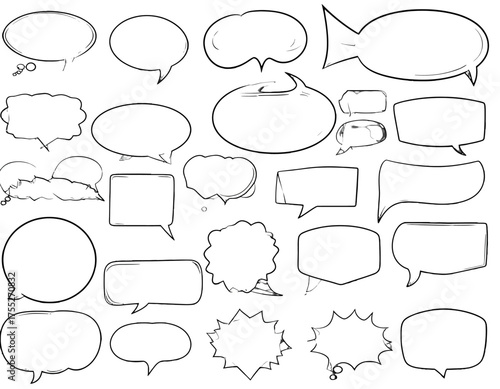Black and white line art collection of various blank comic book speech bubbles on a white background