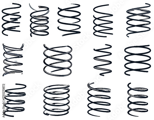 A collection of black, spiral spring illustrations, each with a unique arrangement against a white backdrop