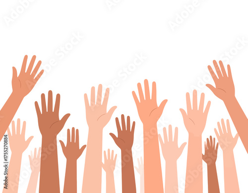 Illustration of diverse skin tone hands raised in the air against a white backdrop, suggesting inclusivity