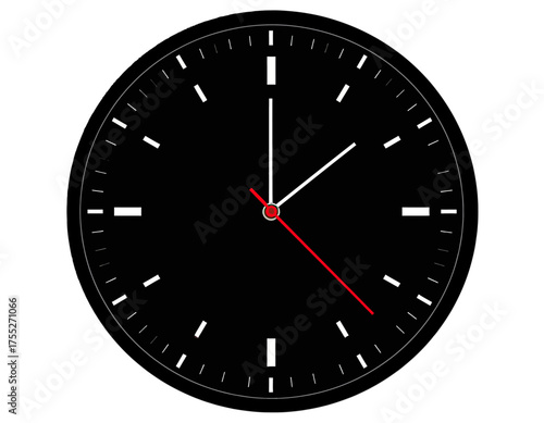A minimalist analog clock face with a black background, white markings, and red second hand