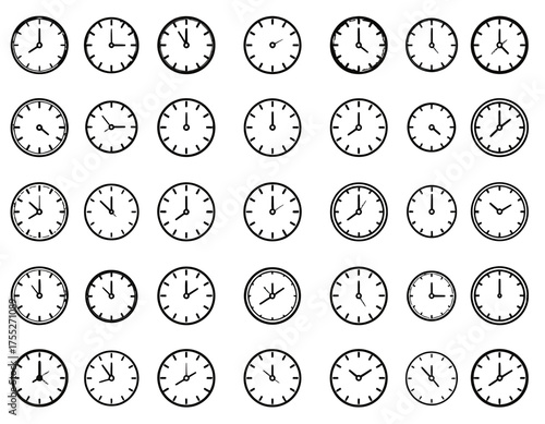 An array of 36 black and white clocks, each displaying a different time, arranged on a white background