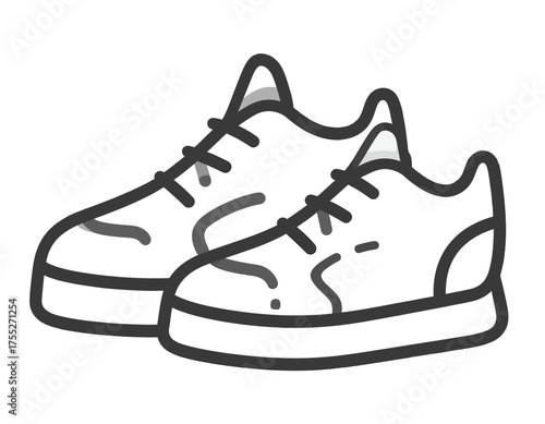 Two cartoonish sneakers in a simple, grayscale style.  They overlap on a clean white background