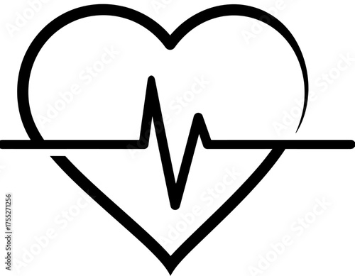 A simple black and white illustration depicting a heart shape with a cardiogram inside