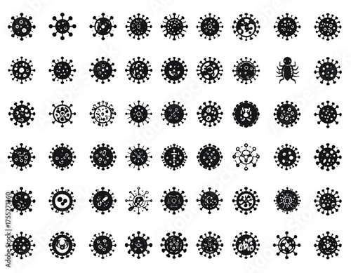 A collection of various black and white illustrated circular shapes, with spiky or bubbly textures