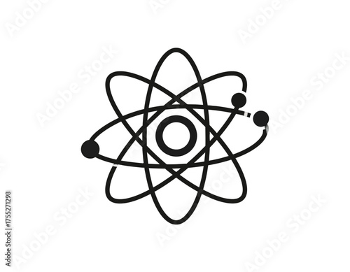 A black and white stylized illustration of an atom.  It features a central nucleus and orbiting particles