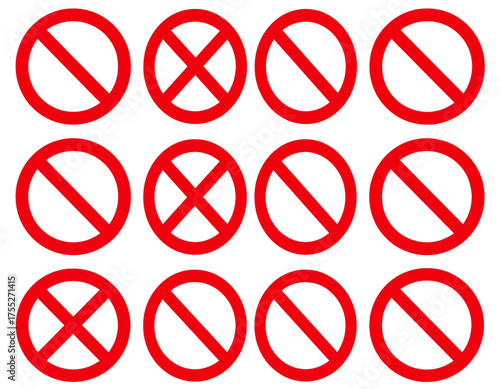A visual arrangement of red circles with diagonal lines, and crosses, conveying a prohibition symbol