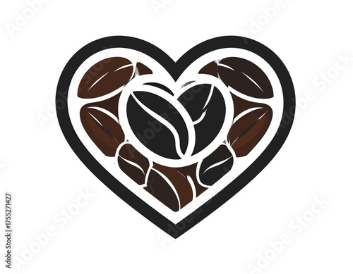 Vector graphic showing a black-outlined heart shape filled with various coffee bean shapes, using white and brown colors