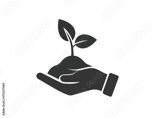 A graphic of a hand holding a small plant with two leaves, implying care, growth, and nature
