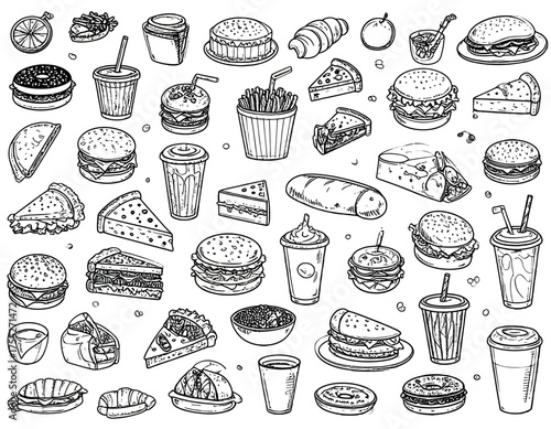 Black and white illustrated collection of assorted fast food items