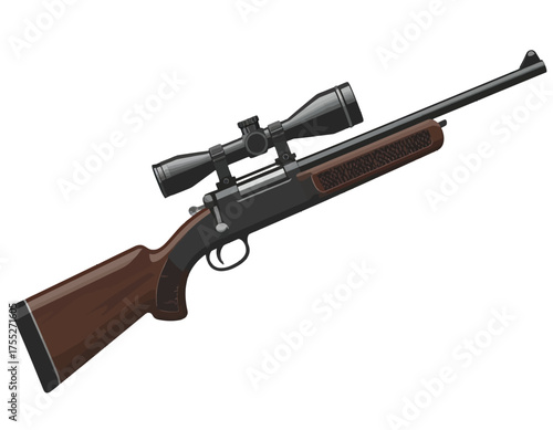 A vector illustration depicts a rifle with a scope, featuring a wooden stock and a metallic barrel