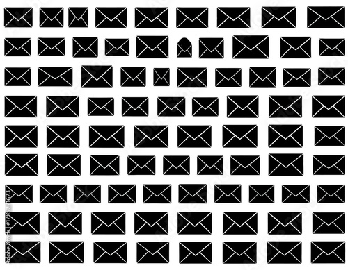 A collection of sixty-three black and white envelope illustrations arranged in rows