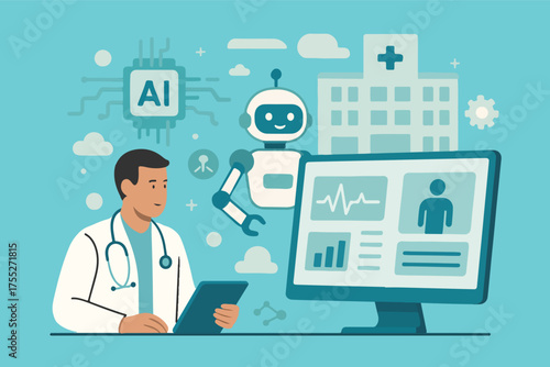 Flat vector illustration of doctor using tablet with AI robot, hospital, and digital health monitor. Modern medical technology, innovation, and artificial intelligence in healthcare concept.