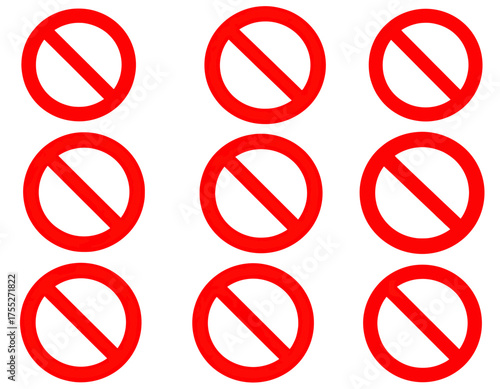 Nine red, circular prohibition symbols on a white background. Each shows a red diagonal line through a red circle