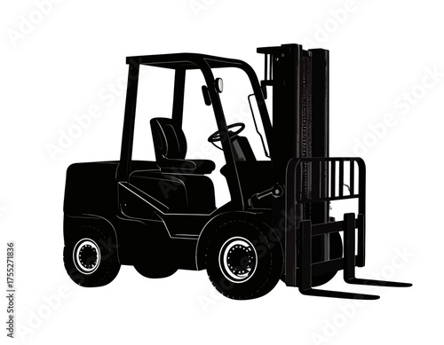 Silhouette of a forklift with forks lowered. Front view, black on white. Industrial transport vehicle