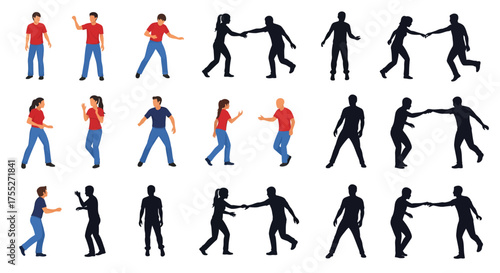 Collection of people in various poses, some shaking hands, some in conflict, some in conversation.