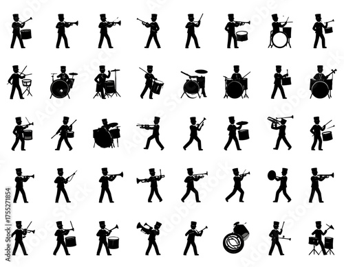 Silhouette illustrations of a marching band, displaying various instruments and formations