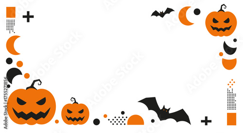 A Halloween-themed border with jack-o'-lanterns, bats, moons, and geometric shapes on a white background.