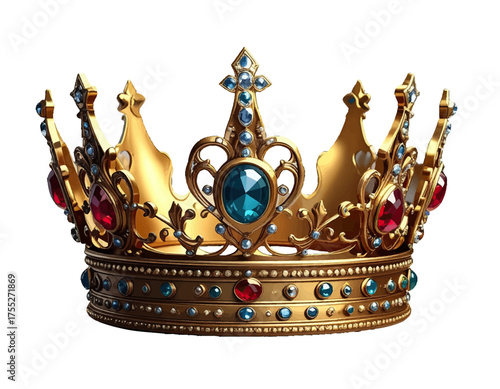 Ornate golden crown, adorned with sparkling jewels of red, blue, and teal against a white background