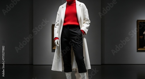 Mannequin in a white coat and red turtleneck with black pants in a museum setting with artwork behind