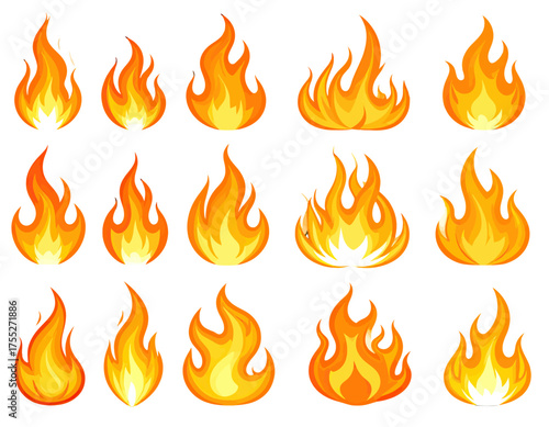 A set of fiery, vibrant cartoon illustrations showcasing different shapes, sizes, and intensities of flames