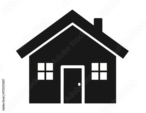 A simple black and white illustration of a house with a gabled roof, windows, a door, and a chimney