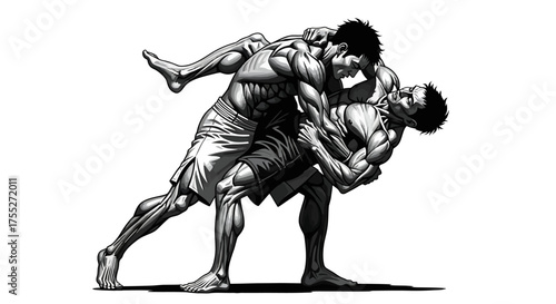 Dynamic black and white illustration of two muscular men wrestling in a fierce grapple.
