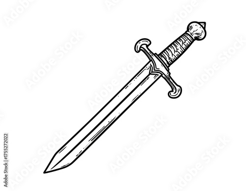 A simple black and white illustration of a medieval broadsword with a stylized handle and guard