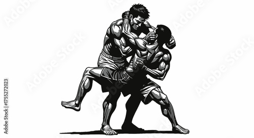 Dynamic illustration of two muscular fighters engaged in intense combat.
