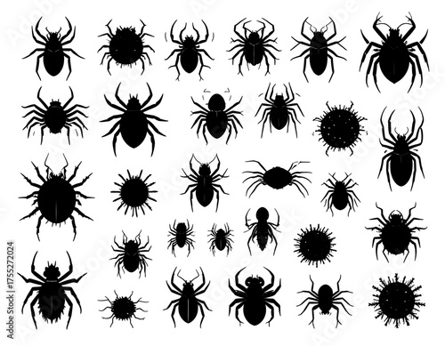A collection of various black silhouettes of arthropods and similar objects on a white background