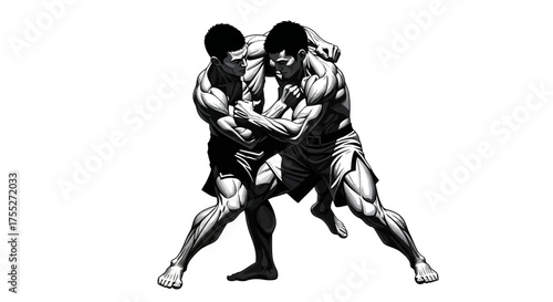 Dynamic Illustration of Two Wrestlers Engaged in a Grapple.
