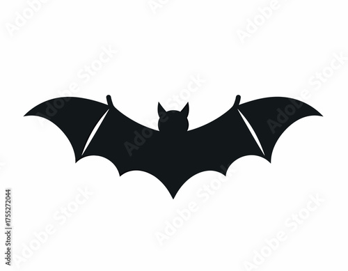 A silhouette of a bat with outstretched wings against a white background