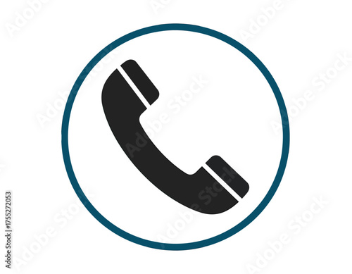 A black handset silhouette inside a white circle with a dark teal outline against a pure white background