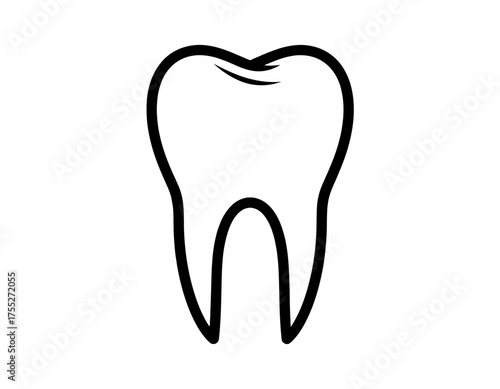 Isolated black and white illustration of a tooth, defined by thick outline. Simple dental icon