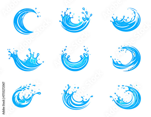 Nine abstract illustrations of water splashes, in various curved wave-like formations