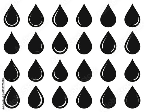 Twenty-four black tear-drop shapes arranged in rows and columns, each with a different internal effect