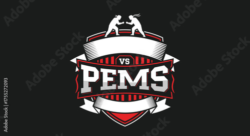 Dynamic Versus PEMS Logo with Wrestling Figures and Ribbons.