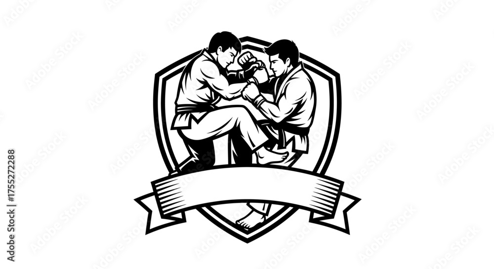 Fototapeta premium Two martial artists grappling in a shield emblem, black and white illustration.