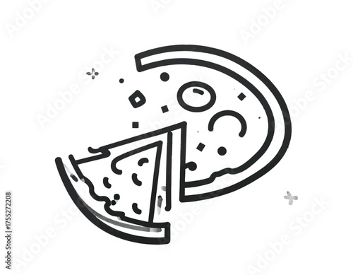 A stylized line drawing of a pizza with a slice removed, isolated on a white background
