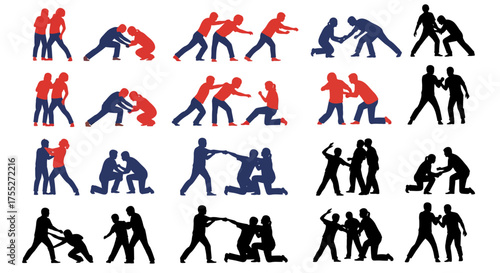 Silhouettes of people engaged in various forms of combat and wrestling.
