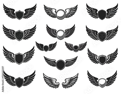 A collection of stylized wing and shield emblems in black on white. Varied shapes & designs
