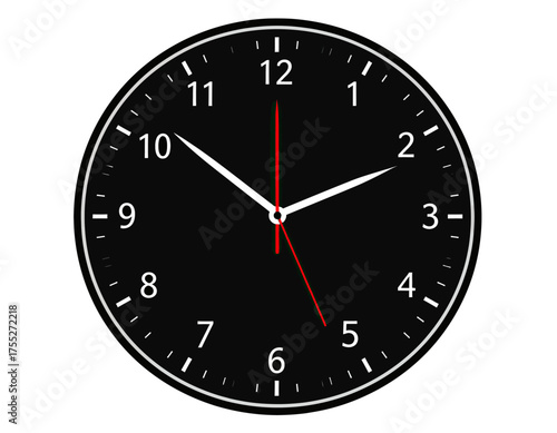 A simple, circular clock face with a black background, white numerals, and hands pointing at 10 past the hour