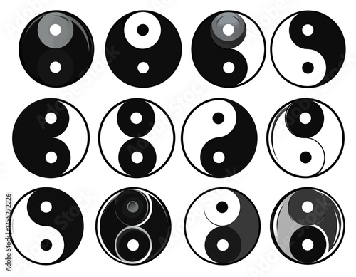 A grid of twelve yin-yang symbols, in various forms, some with gradients and others with smooth fills
