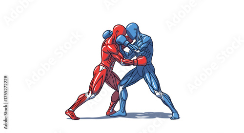 Two boxers in a close embrace during a fight.