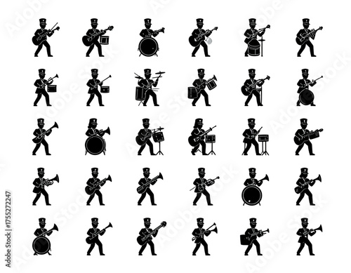 Silhouettes of band members with instruments, including drums, guitar, trumpet, and saxophone