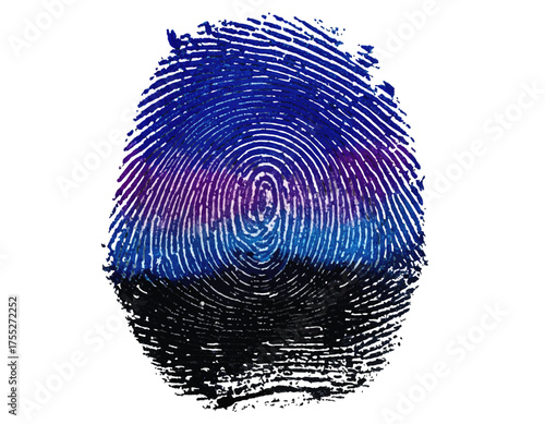 A digital rendering showcasing a fingerprint with blue, purple, and black gradients against a white background